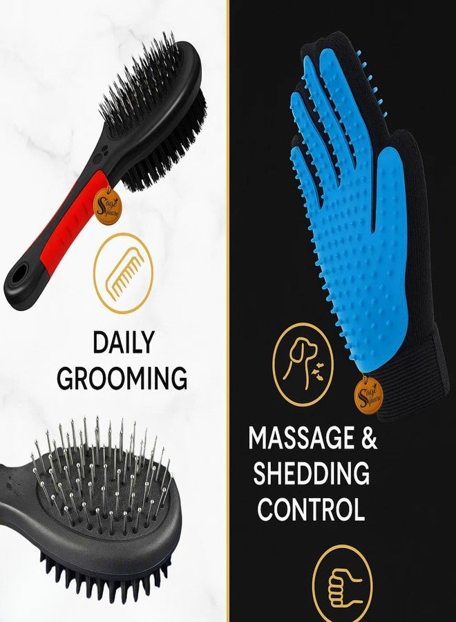 Sage Square Pet Grooming Combo | Plastic Handle Double Sided Brush Comb 17.5cm with Metal Pins & Soft Bristles | One-Sided Deshedding Glove for Bathing, Massaging & Hair Removal | Dogs & Cats - Image 5